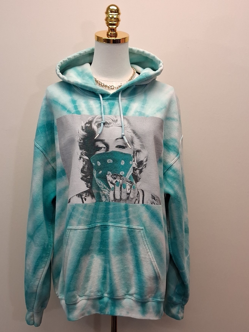 Gildan Teal Bleach Marble Graphic Hoodie Sweatshirt Size Large